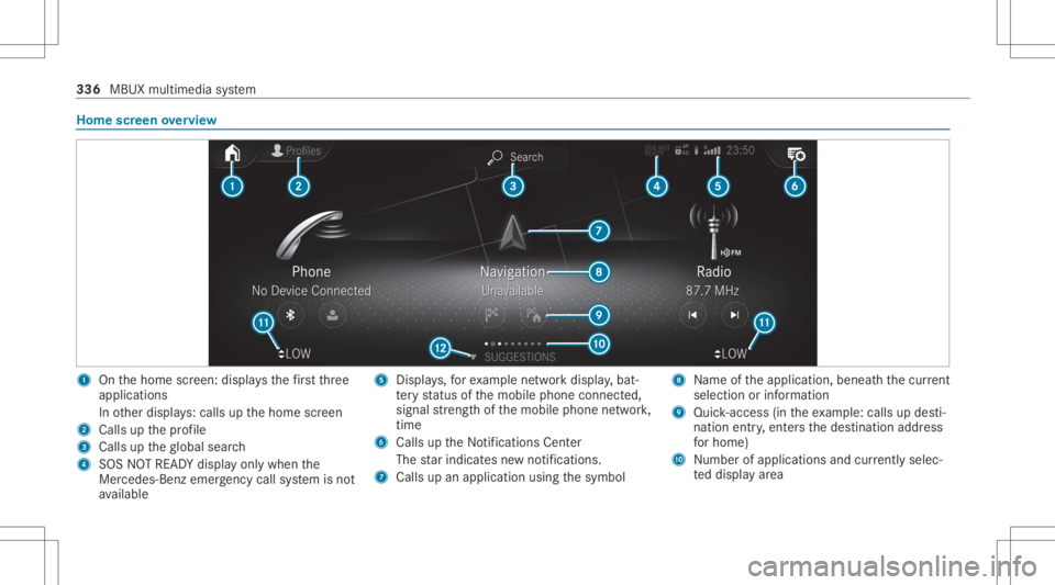 MERCEDES-BENZ GLS 2020  Owners Manual Home
screen overvie w 1
Onthehome screen: displa ysthefirs tth re e
applic ations
In other displa ys:cal lsup thehome screen
2 Calls upthepr ofile
3 Calls uptheglobal search
4 SOS NOTREAD Ydispl ayonl