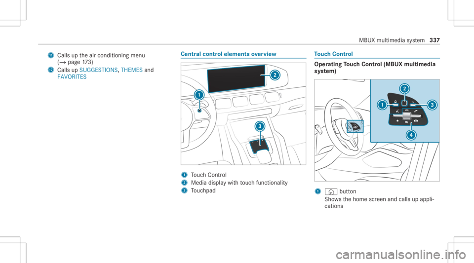 MERCEDES-BENZ GLS 2020  Owners Manual B
Calls uptheair con ditionin gmenu
(/ page17 3)
C Callsup SUG GEST IONS,THEMES and
FAVOR ITES Ce
ntr alco ntr oleleme ntsoverview 1
Touc hCon trol
2 Media displaywit hto uc hfun ction alit y
3 Touc h