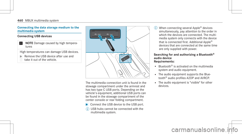 MERCEDES-BENZ GLS 2020 Owners Manual Connect
ingtheda ta sto rage medi umtothe
mu ltim edia system Connecti
ngUSB devices
* NO
TEDama gecau sed byhigh temp era‐
tur es High
temp eratur escan damag eUSB devices. #
Remo vetheUSB device a MERCEDES-BENZ GLS 2020 Owners Manual Connect
ingtheda ta sto rage medi umtothe
mu ltim edia system Connecti
ngUSB devices
* NO
TEDama gecau sed byhigh temp era‐
tur es High
temp eratur escan damag eUSB devices. #
Remo vetheUSB device a