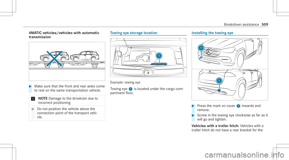 MERCEDES-BENZ GLS 2020  Owners Manual 4MA
TICvehicl es/vehicl eswith automatic
tr ansmiss ion #
Mak esur eth at thefront and rear axle scom e
to rest on thesame transpor tatio nve hicle.
* NO
TEDama getothedr ivet ra in due to
inc orrect 
