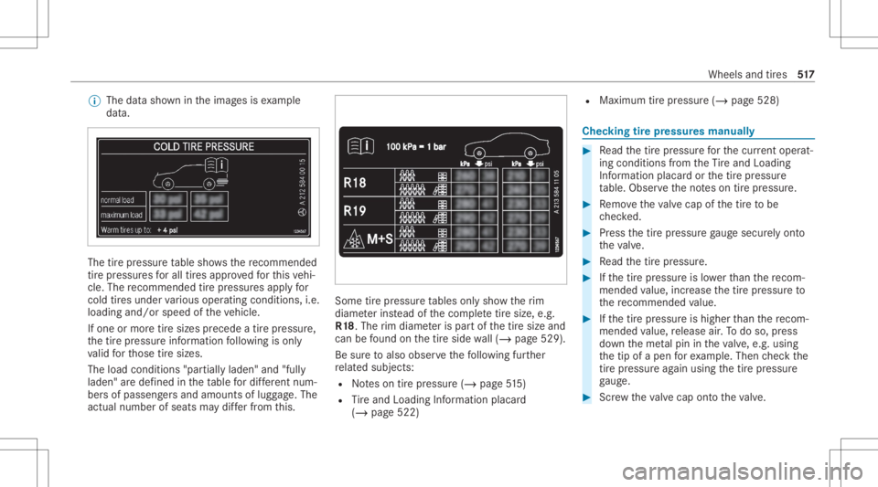 MERCEDES-BENZ GLS 2020  Owners Manual %
The datasho wnintheimag esisexam ple
dat a. The
tirepr essur eta ble showsthere comme nded
tir epr ess ures forall tires app rove dfo rth is vehi‐
cle. The recomme ndedtirepr ess ures apply for
co
