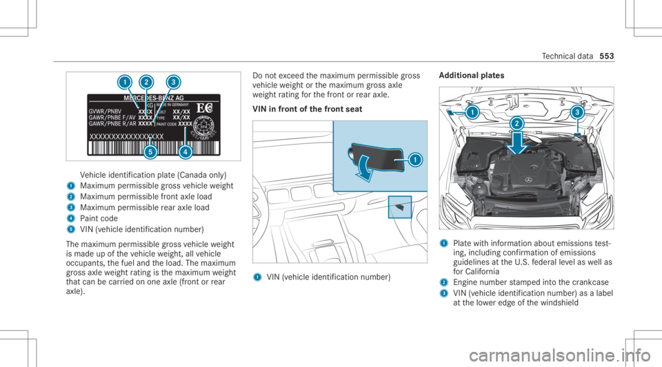 MERCEDES-BENZ GLS 2020  Owners Manual Ve
hicle identif ication plate(Canada only)
1 Maximum permissible gross vehicle weight
2 Maxim umpermissib lefront axle load
3 Maxim umpermissib lerear axle load
4 Paint code
5 VIN (vehicle identifica