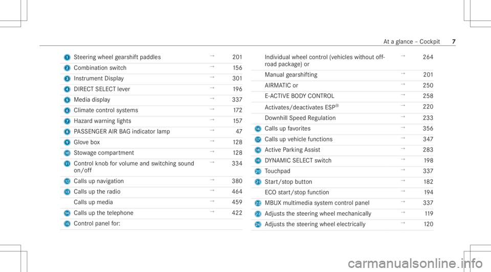 MERCEDES-BENZ GLS 2020  Owners Manual 1
Steer ing wheel gearshif tpaddles →
201
2 Combi nation swit ch →
156
3 Instrument Display →
301
4 DIRECT SELECT leve r →
196
5 Media display →
337
6 Climat econt rolsy stems →
172
7 Haza