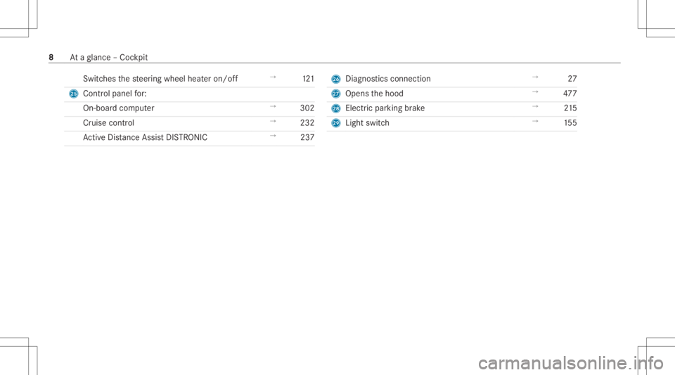 MERCEDES-BENZ GLS 2020  Owners Manual Swi
tches thesteer ing wheel heateron/ off →
121
P Control pan elfor:
On-boar dcom puter →
302
Cr uise control →
232
Ac tiveDis tance AssistDIS TRONI C →
237 Q
Diagno stics con nection →
27
