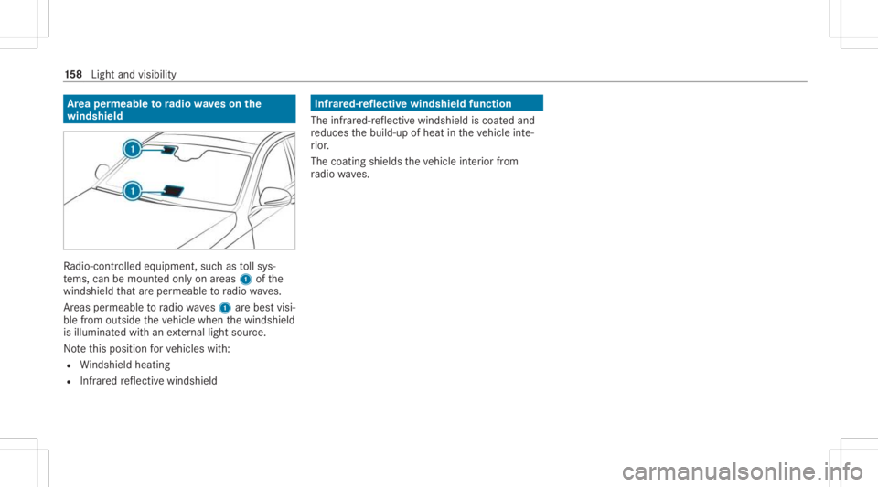 MERCEDES-BENZ GLS 2021 Owners Manual Ar
ea per mea bletoradio wav eson the
wind shield Ra
dio-co ntro lled equipmen t,suc has tollsy s‐
te ms, can bemount edonly onareas 1ofthe
winds hieldthat areper meabl eto radio wav es.
Ar eas perm MERCEDES-BENZ GLS 2021 Owners Manual Ar
ea per mea bletoradio wav eson the
wind shield Ra
dio-co ntro lled equipmen t,suc has tollsy s‐
te ms, can bemount edonly onareas 1ofthe
winds hieldthat areper meabl eto radio wav es.
Ar eas perm