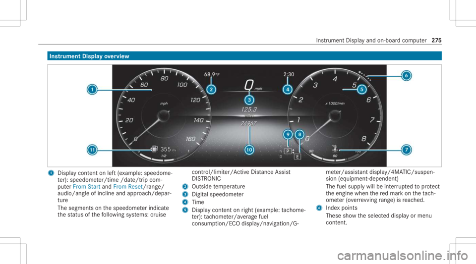 MERCEDES-BENZ GLS 2021  Owners Manual Ins
trum ent Disp layove rview 1
Displa ycon tent on left (exa mp le:speedom e‐
te r): spee dome ter/time /date/tripcom‐
put erFrom StartandFrom Reset/rang e/
au dio/a ngleof incline andapproac h/