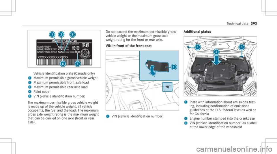 MERCEDES-BENZ GLS 2021 Owners Manual Ve
hicle identif ication plate(Canada only)
1 Maximum permissible gross vehicle weight
2 Maxim umpermissib lefront axle load
3 Maxim umpermissib lerear axle load
4 Paint code
5 VIN (vehicle identifica MERCEDES-BENZ GLS 2021 Owners Manual Ve
hicle identif ication plate(Canada only)
1 Maximum permissible gross vehicle weight
2 Maxim umpermissib lefront axle load
3 Maxim umpermissib lerear axle load
4 Paint code
5 VIN (vehicle identifica