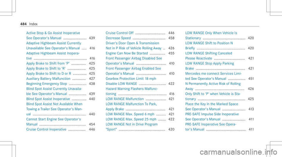 MERCEDES-BENZ GLS 2021  Owners Manual Ac
tiveSt op &Go Assis tInoper ative
See Oper ator's Manual ........................ 439
Ad aptiveHig hbeam Assis tCur rently
Un available SeeOper ator' sMan ual.....4 16
Ad aptiveHig hbeam As