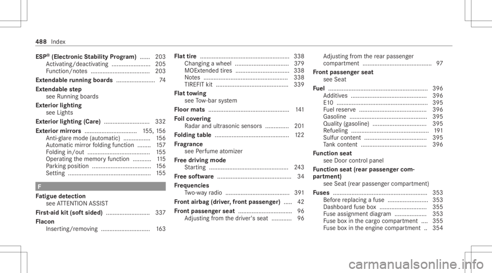 MERCEDES-BENZ GLS 2021  Owners Manual ESP
®
(Electr onicStabil ityProg ram) ...... 203
Ac tivati ng/d eactiv ating ........... ........... .205
Fu nctio n/no tes ................................... 203
Ext endable running boards.........