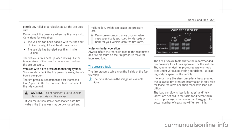 MERCEDES-BENZ GLS 2022  Owners Manual per
mit anyre liable conclusion aboutthetir epr es-
sur e.
Onl ycor rect tirepr essur ewhen thetir es arecold.
Conditions forcold tires:
R The vehicle hasbeen parkedwit hth etir es out
of dir ect sunl