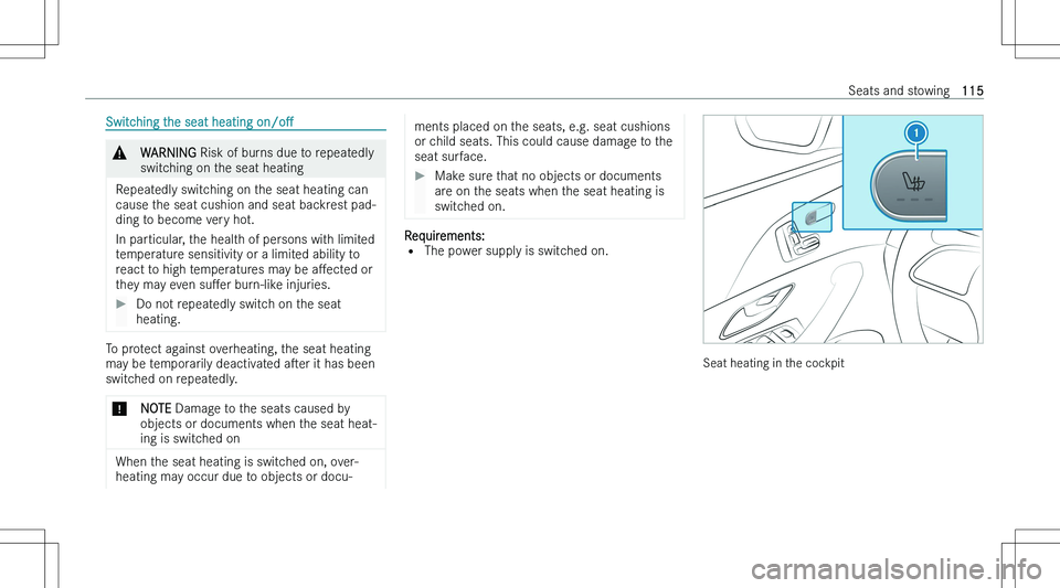 MERCEDES-BENZ GLS 2023  Owners Manual �S�w�i�t�c�h�i�n�g� �t�h�e� �s�e�a�t� �h�e�a�t�i�n�g� �o�n�/�oM�&�W�A�R�N�I�N�G� �R�i�s�k� �o�f� �b�u�r�n�s� �d�u�e� �t�o� �r�e�p�e�a�t�e�d�l�y
�s�w�i�t�c�h�i�n�g� �o�n� �t�h�e� �s�e�a�t� �h�e�a�t�i�