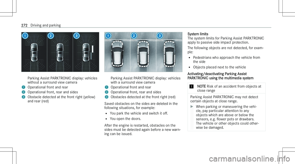 MERCEDES-BENZ GLS 2023  Owners Manual �P�a�r�k�i�n�g� �A�s�s�i�s�t� �P�A�R�K�T�R�O�N�I�C� �d�i�s�p�l�a�y�:� �v�e�h�i�c�l�e�s
�w�i�t�h�o�u�t� �a� �s�u�r�r�o�u�n�d� �v�i�e�w� �c�a�m�e�r�a�1�O�p�e�r�a�t�i�o�n�a�l� �f�r�o�n�t� �a�n�d� �r�e�a�
