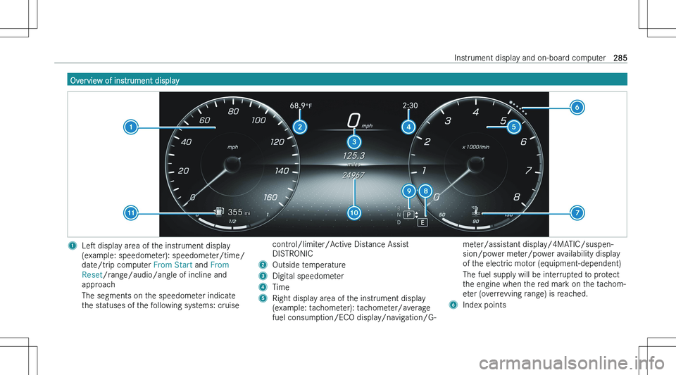 MERCEDES-BENZ GLS 2023  Owners Manual �O�v�e�r�v�i�e�w� �o�f� �i�n�s�t�r�u�m�e�n�t� �d�i�s�p�l�a�y�1�L�es� �d�i�s�p�l�a�y� �a�r�e�a� �o�f� �t�h�e� �i�n�s�t�r�u�m�e�n�t� �d�i�s�p�l�a�y
�(�e�x�a�m�p�l�e�:� �s�p�e�e�d�o�m�e�t�e�r�)�:� �s�p�