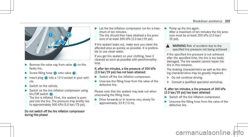 MERCEDES-BENZ GLS 2023  Owners Manual ��R�e�m�o�v�e� �t�h�e� �v�a�l�v�e� �c�a�p� �f�r�o�m� �v�a�l�v�e� �7� �o�n� �t�h�e
�f�a�u�l�t�y� �t�i�r�e�.��S�c�r�e�w�  N�l�l�i�n�g� �h�o�s�e�  �8� �o�n�t�o� �v�a�l�v�e�  �7�.��I�n�s�e�r�t� �p�l�u