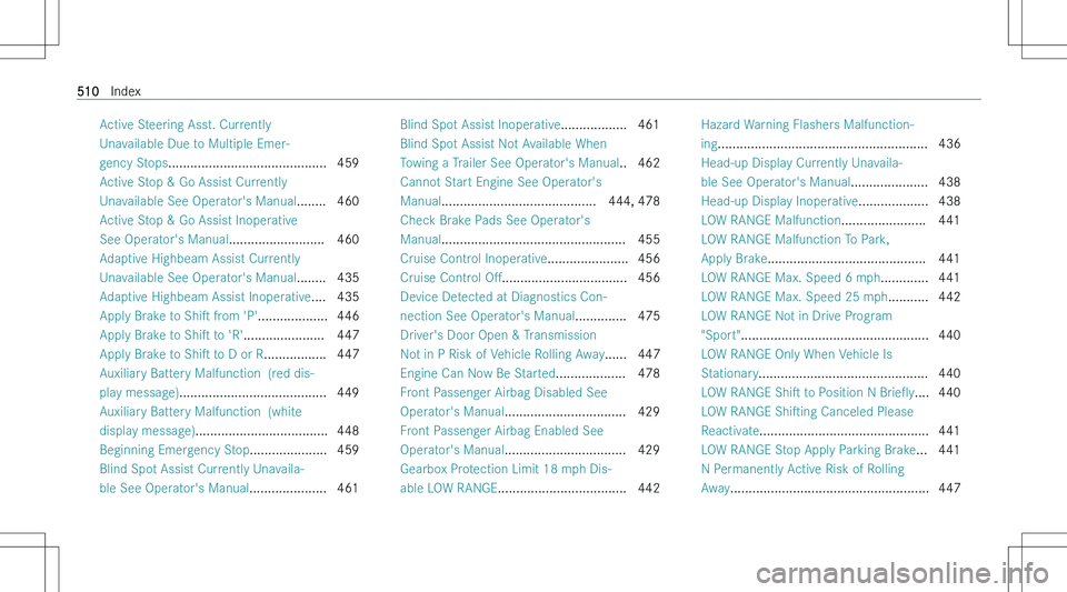 MERCEDES-BENZ GLS 2023  Owners Manual �A�c�t�i�v�e� �S�t�e�e�r�i�n�g� �A�s�s�t�.� �C�u�r�r�e�n�t�l�y
�U�n�a�v�a�i�l�a�b�l�e� �D�u�e� �t�o� �M�u�l�t�i�p�l�e� �E�m�e�r�-
�g�e�n�c�y� �S�t�o�p�s �.�.�.�.�.�.�.�.�.�.�.�.�.�.�.�.�.�.�.�.�.�.�.�