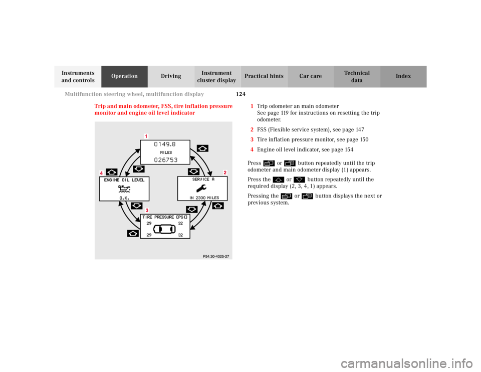MERCEDES-BENZ S CLASS 2000 Owners Manual 124 Multifunction steering wheel, multifunction display
Te ch n ica l
data Instruments
and controlsOperationDrivingInstrument
cluster displayPractical hints Car care Index
Trip and main odometer, FS MERCEDES-BENZ S CLASS 2000 Owners Manual 124 Multifunction steering wheel, multifunction display
Te ch n ica l
data Instruments
and controlsOperationDrivingInstrument
cluster displayPractical hints Car care Index
Trip and main odometer, FS