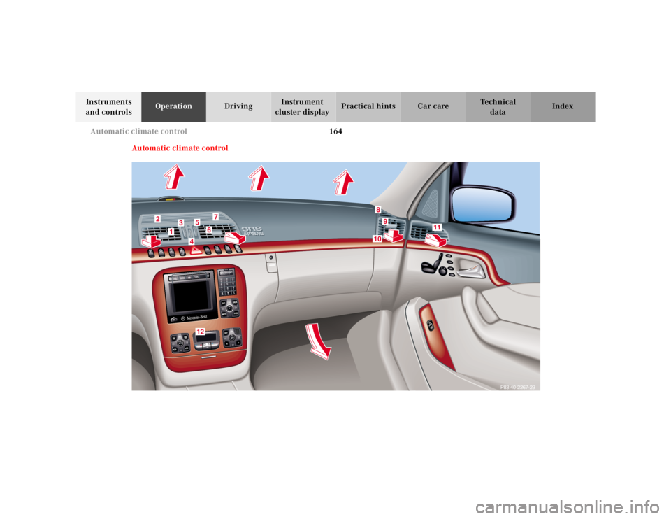MERCEDES-BENZ S CLASS 2000 Owners Manual 164 Automatic climate control
Te ch n ica l
data Instruments
and controlsOperationDrivingInstrument
cluster displayPractical hints Car care Index
Automatic climate control
33
2
1
3
45
67
89
P83.40-2 MERCEDES-BENZ S CLASS 2000 Owners Manual 164 Automatic climate control
Te ch n ica l
data Instruments
and controlsOperationDrivingInstrument
cluster displayPractical hints Car care Index
Automatic climate control
33
2
1
3
45
67
89
P83.40-2