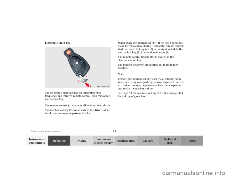 MERCEDES-BENZ S CLASS 2000 Owners Guide 29 Central locking system
Te ch n ica l
data Instruments 
and controlsOperationDrivingInstrument 
cluster displayPractical hints Car care Index Electronic main key
The electronic main key has an integ
