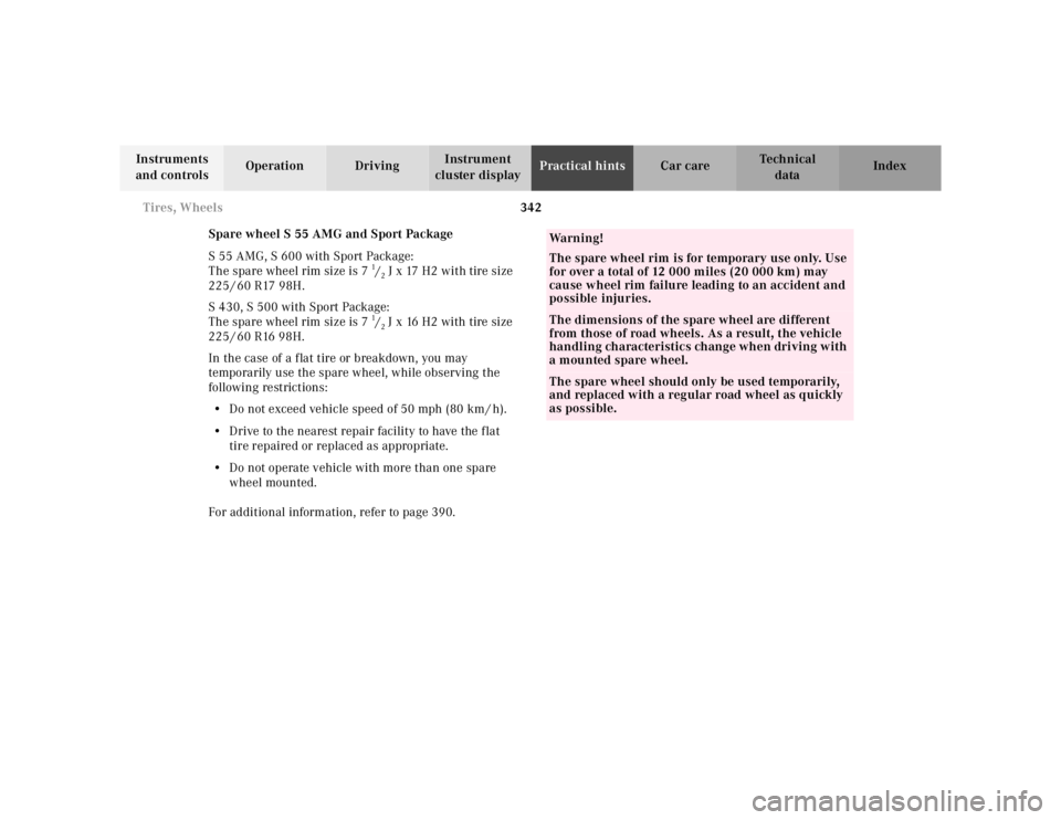 MERCEDES-BENZ S CLASS 2000  Owners Manual 342 Tires, Wheels
Te ch n ica l
data Instruments 
and controlsOperation DrivingInstrument 
cluster displayPractical hintsCar care Index
Spare wheel S 55 AMG and Sport Package
S55AMG, S600 with Sport P