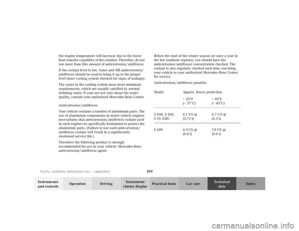 MERCEDES-BENZ S CLASS 2000  Owners Manual 399 Fuels, coolants, lubricants etc. - capacities
Te ch n ica l
data Instruments 
and controlsOperation DrivingInstrument 
cluster displayPractical hints Car care Index the engine temperature will inc