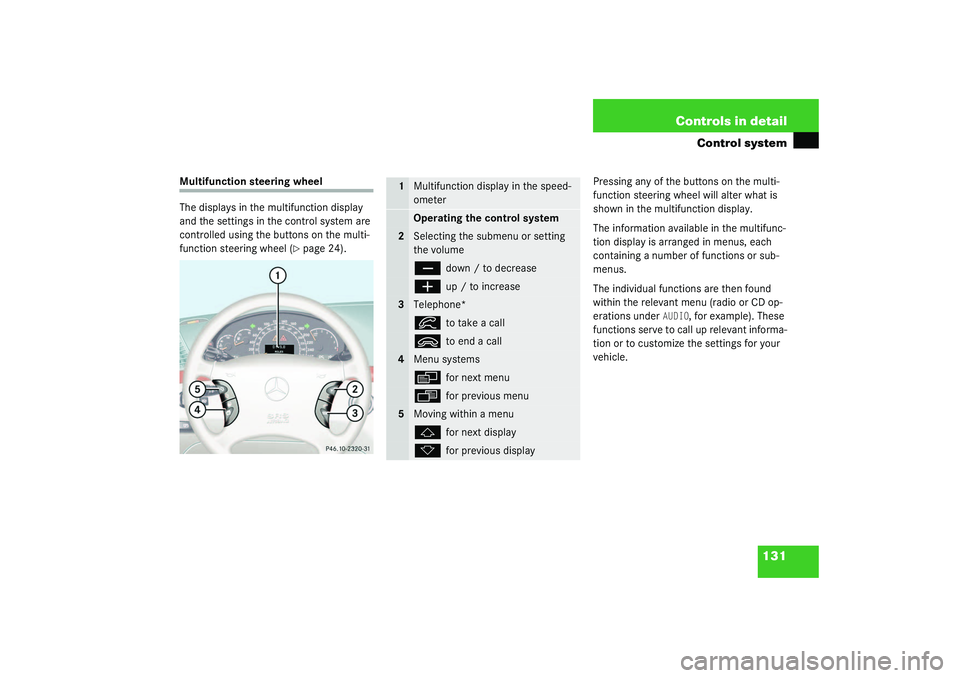 MERCEDES-BENZ S CLASS 2003  Owners Manual 131 Controls in detail
Control system
Multifunction steering wheel
The displays in the multifunction display 
and the settings in the control system are 
controlled using the buttons on the multi-
fun