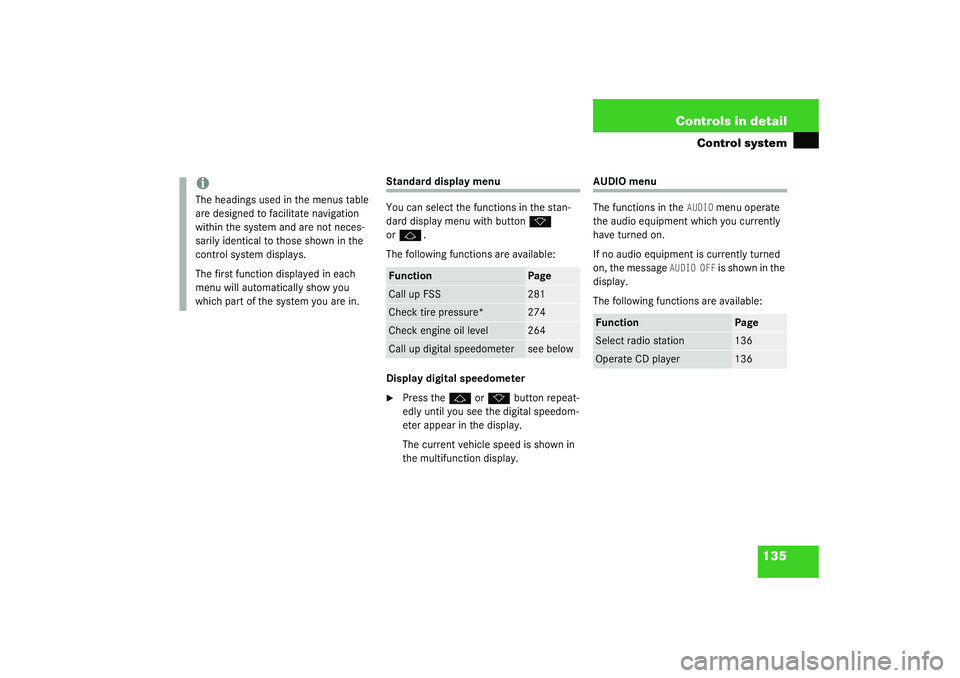 MERCEDES-BENZ S CLASS 2003  Owners Manual 135 Controls in detail
Control system
Standard display menu
You can select the functions in the stan-
dard display menu with button
k
 
or
j
.
The following functions are available:
Display digital sp