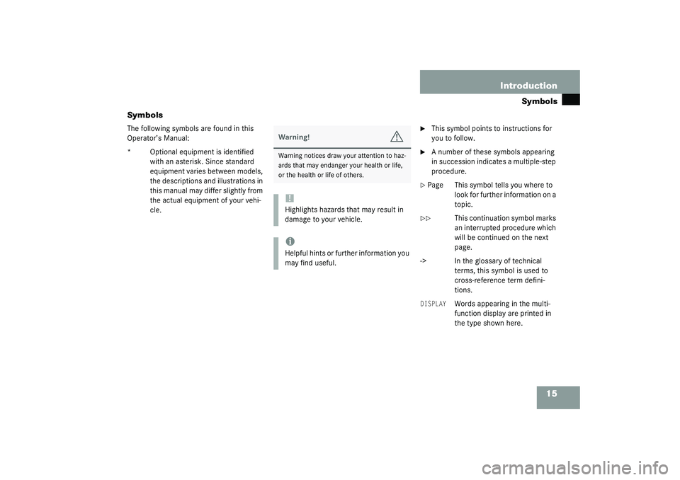 MERCEDES-BENZ S CLASS 2003 User Guide 15 Introduction
Symbols
Symbols
The following symbols are found in this 
Operator’s Manual:
* Optional equipment is identified 
with an asterisk. Since standard 
equipment varies between models, 
th