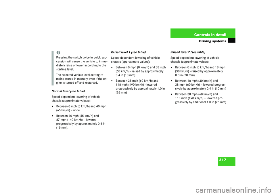 MERCEDES-BENZ S CLASS 2003  Owners Manual 217 Controls in detail
Driving systems
Normal level (see table)
Speed-dependent lowering of vehicle 
chassis (approximate values):
Between 0 mph (0 km/h) and 40 mph 
(65 km/h) – none

Between 40 m