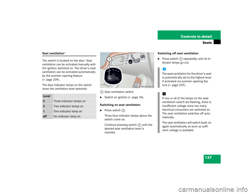 MERCEDES-BENZ S CLASS 2005  Owners Manual 127 Controls in detailSeats
Seat ventilation*
The switch is located on the door. Seat 
ventilation can be activated manually with 
the ignition switched on. The driver’s seat 
ventilation can be act