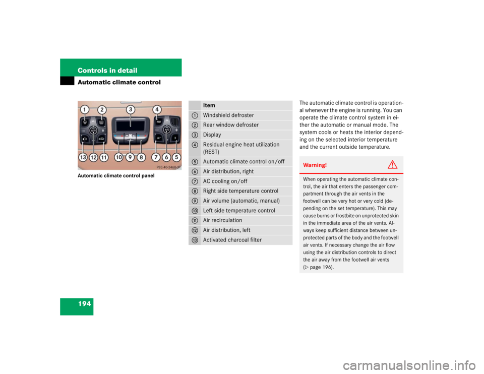 MERCEDES-BENZ S CLASS 2005  Owners Manual 194 Controls in detailAutomatic climate controlAutomatic climate control panel
The automatic climate control is operation-
al whenever the engine is running. You can 
operate the climate control syste
