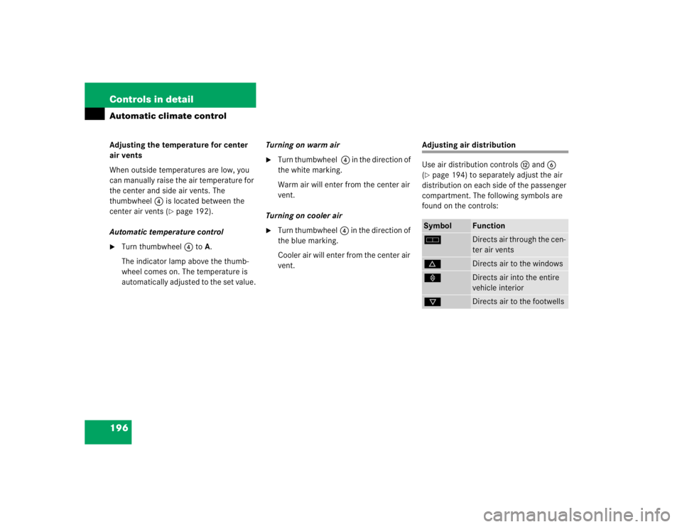 MERCEDES-BENZ S CLASS 2005  Owners Manual 196 Controls in detailAutomatic climate controlAdjusting the temperature for center 
air vents
When outside temperatures are low, you 
can manually raise the air temperature for 
the center and side a