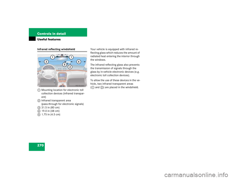 MERCEDES-BENZ S CLASS 2005  Owners Manual 270 Controls in detailUseful featuresInfrared reflecting windshield
1Mounting location for electronic toll 
collection devices (infrared transpar-
ent)
2Infrared transparent area 
(pass-through for el