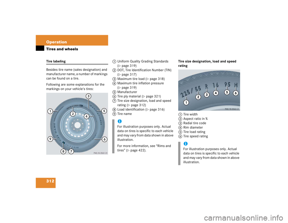 MERCEDES-BENZ S CLASS 2005  Owners Manual 312 OperationTires and wheelsTire labeling
Besides tire name (sales designation) and 
manufacturer name, a number of markings 
can be found on a tire.
Following are some explanations for the 
markings