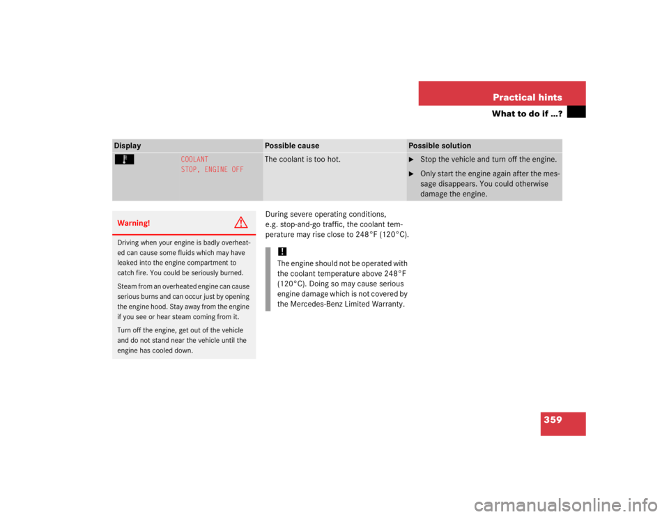 MERCEDES-BENZ S CLASS 2005  Owners Manual 359 Practical hints
What to do if …?
During severe operating conditions, 
e.g. stop-and-go traffic, the coolant tem-
perature may rise close to 248°F (120°C).
Display 
Possible cause
Possible solu