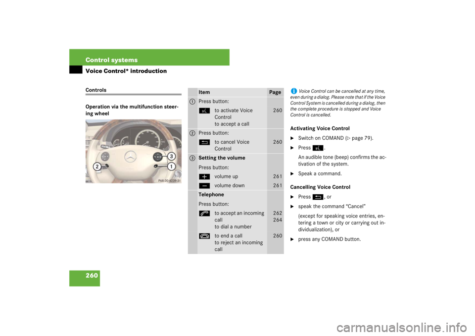 MERCEDES-BENZ S CLASS 2007  Owners Manual 260 Control systemsVoice Control* introductionControls
Operation via the multifunction steer-
ing wheel
Activating Voice Control

Switch on COMAND (
page 79). 

Press !.
An audible tone (beep) conf