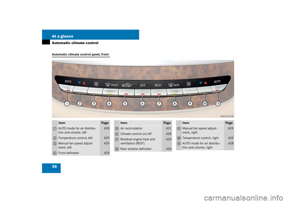 MERCEDES-BENZ S CLASS 2007 Owners Guide 36 At a glanceAutomatic climate controlAutomatic climate control panel, front
Item
Page
1
AUTO mode for air distribu-
tion and volume, left
428
2
Temperature control, left
429
3
Manual fan speed adjus