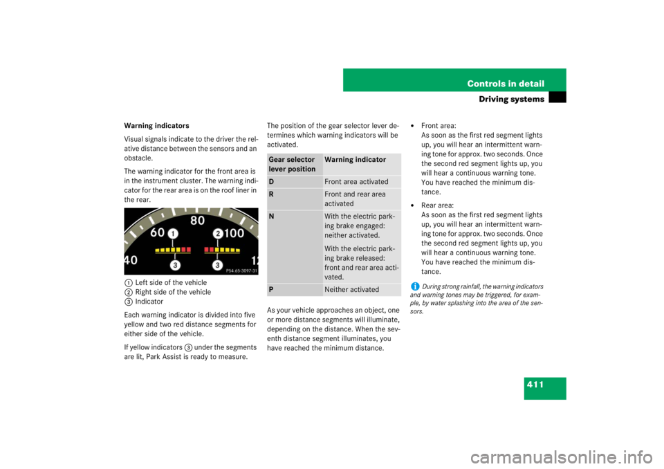 MERCEDES-BENZ S CLASS 2007  Owners Manual 411 Controls in detail
Driving systems
Warning indicators
Visual signals indicate to the driver the rel-
ative distance between the sensors and an 
obstacle. 
The warning indicator for the front area 