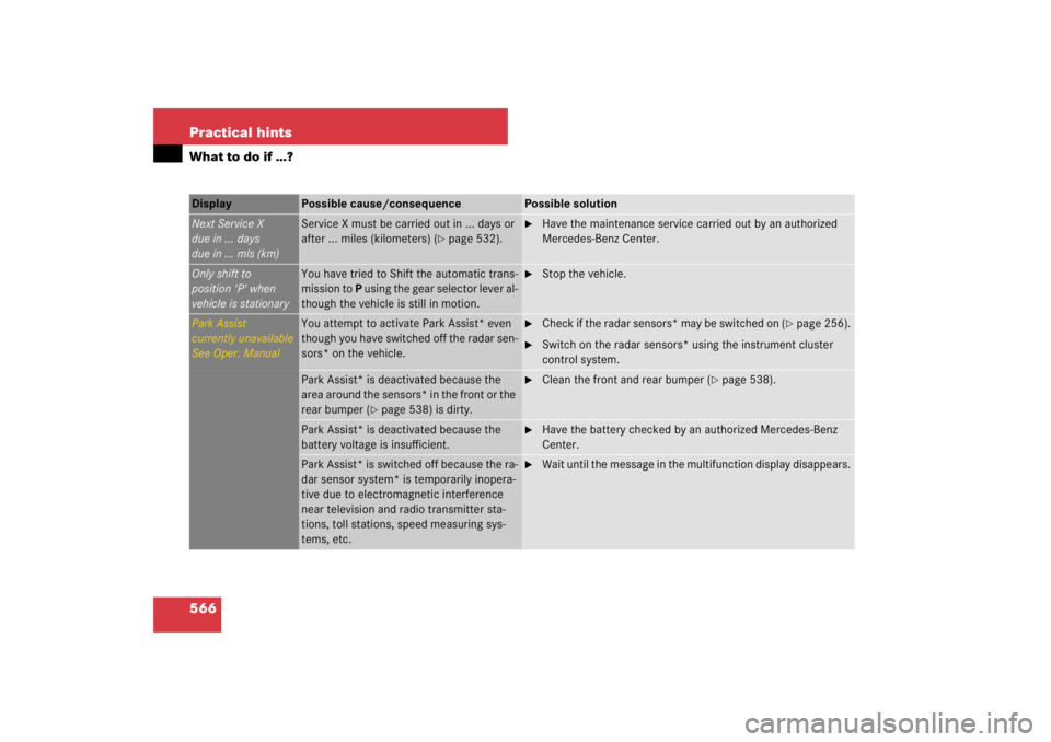 MERCEDES-BENZ S CLASS 2007  Owners Manual 566 Practical hintsWhat to do if …?Display 
Possible cause/consequence
Possible solution
Next Service X
due in ... days
due in ... mls (km)
Service X must be carried out in ... days or 
after ... mi