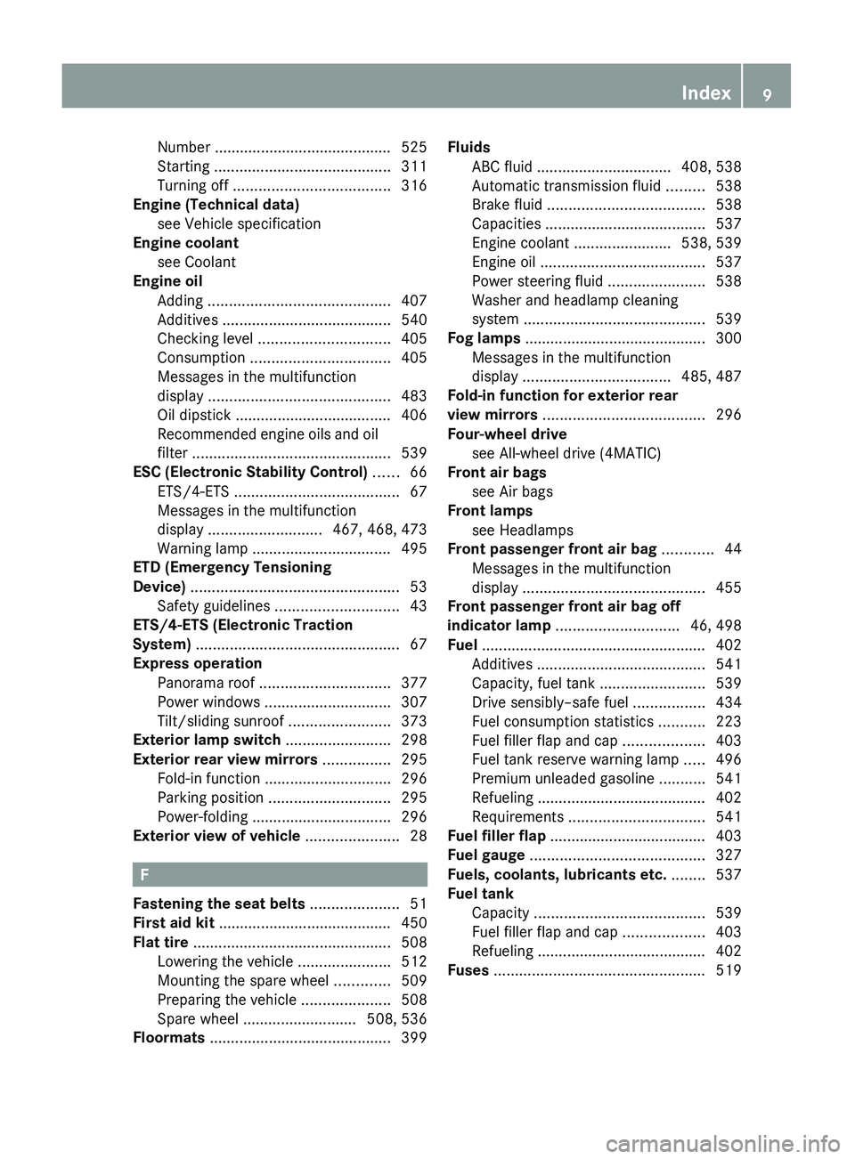 MERCEDES-BENZ S CLASS 2010  Owners Manual Number .......................................... 525
Starting  .......................................... 311
Turning off  ..................................... 316
Engine (Technical data)
see Vehicl