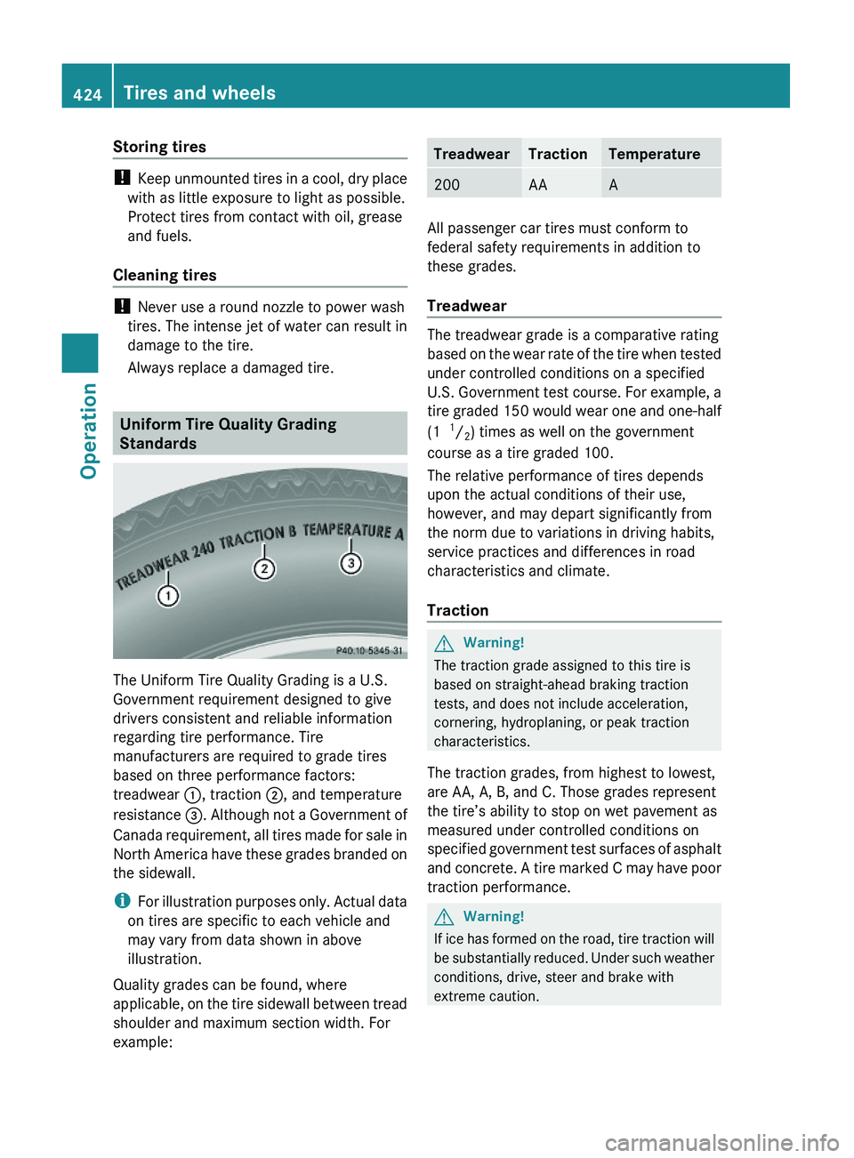 MERCEDES-BENZ S CLASS 2010  Owners Manual Storing tires 
! Keep unmounted tires in a cool, dry place
with as little exposure to light as possible.
Protect tires from contact with oil, grease
and fuels.
Cleaning tires 
! Never use a round nozz