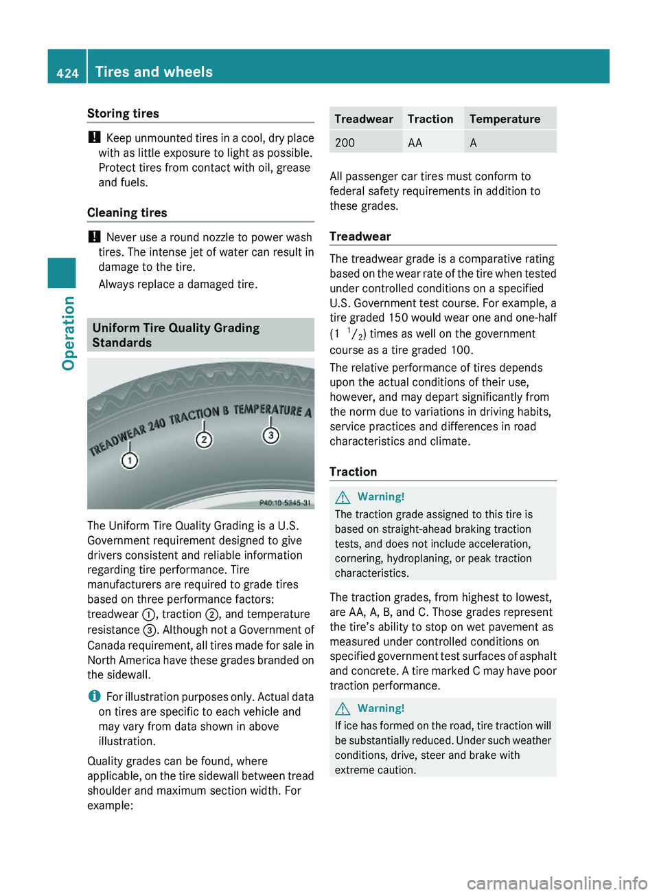 MERCEDES-BENZ S CLASS 2010 User Guide Storing tires 
! Keep unmounted tires in a cool, dry place
with as little exposure to light as possible.
Protect tires from contact with oil, grease
and fuels.
Cleaning tires 
! Never use a round nozz