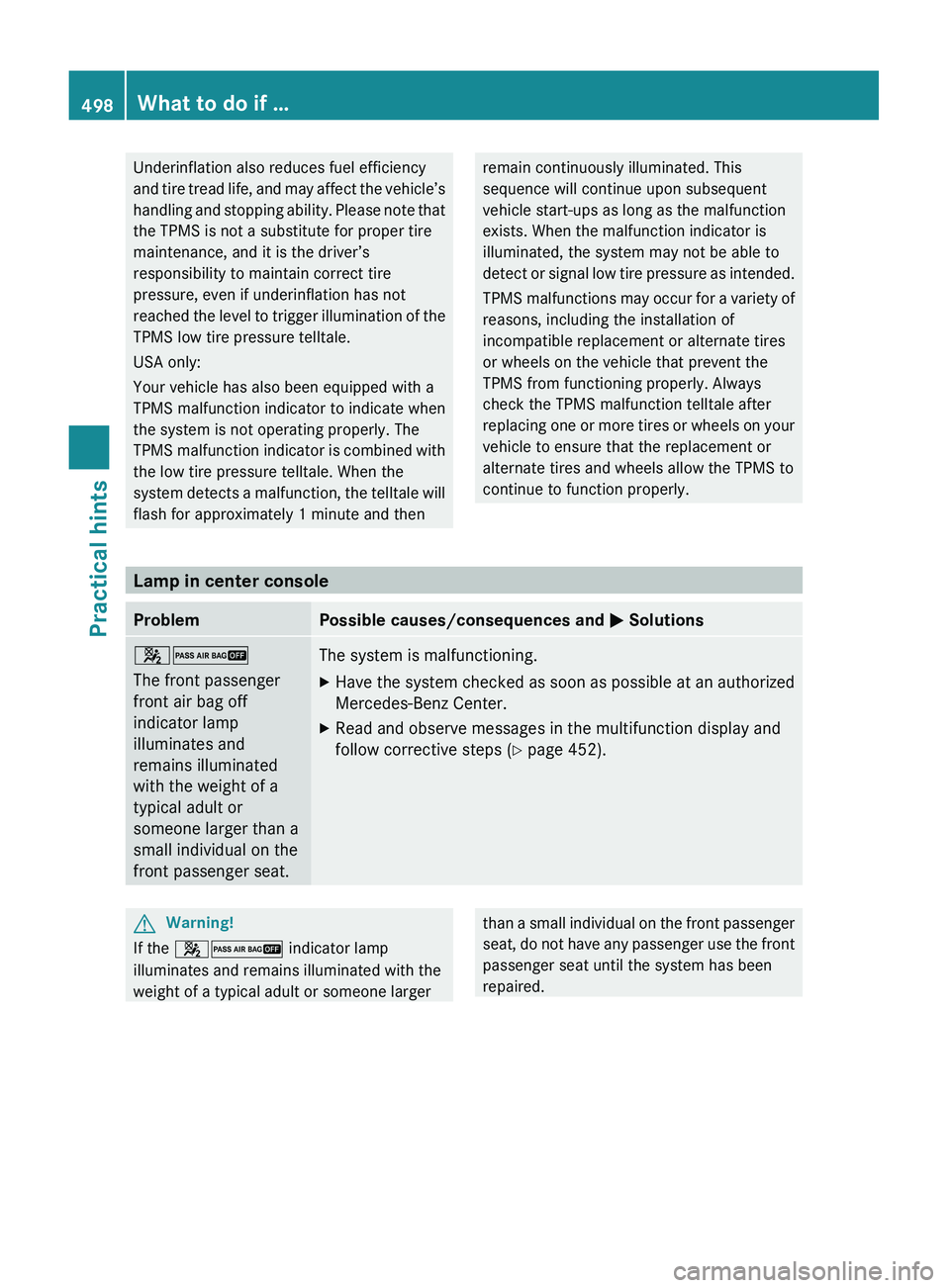 MERCEDES-BENZ S CLASS 2010 Owners Manual Underinflation also reduces fuel efficiency
and tire tread life, and may affect the vehicle’s
handling and stopping ability. Please note that
the TPMS is not a substitute for proper tire
maintenance MERCEDES-BENZ S CLASS 2010 Owners Manual Underinflation also reduces fuel efficiency
and tire tread life, and may affect the vehicle’s
handling and stopping ability. Please note that
the TPMS is not a substitute for proper tire
maintenance