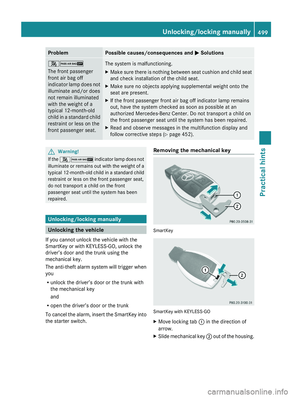 MERCEDES-BENZ S CLASS 2010 Owners Manual ProblemPossible causes/consequences and \000P Solutions\000\000}
The front passenger
front air bag off
indicator lamp does not
illuminate and/or does
not remain illuminated
with the weight of a
typic MERCEDES-BENZ S CLASS 2010 Owners Manual ProblemPossible causes/consequences and \000P Solutions\000\000}
The front passenger
front air bag off
indicator lamp does not
illuminate and/or does
not remain illuminated
with the weight of a
typic