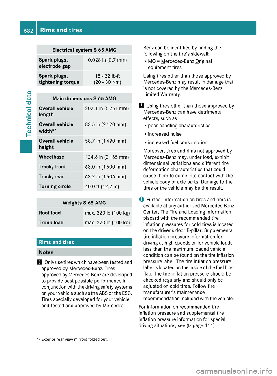 MERCEDES-BENZ S CLASS 2010 Owners Manual Electrical system S 65 AMGSpark plugs,
electrode gap0.028 in (0.7 mm)Spark plugs,
tightening torque15 - 22 lb-ft
(20 - 30 Nm)Main dimensions S 65 AMGOverall vehicle
length207.1 in (5 261 mm)Overal MERCEDES-BENZ S CLASS 2010 Owners Manual Electrical system S 65 AMGSpark plugs,
electrode gap0.028 in (0.7 mm)Spark plugs,
tightening torque15 - 22 lb-ft
(20 - 30 Nm)Main dimensions S 65 AMGOverall vehicle
length207.1 in (5 261 mm)Overal