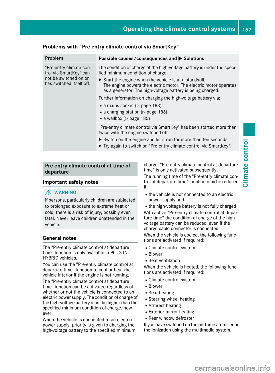 MERCEDES-BENZ S CLASS 2016  Owners Manual Problems with "Pre-entry climate control via SmartKey" Problem
Possible causes/consequences and �P Solutions
"Pre-entry climate con-
trol via SmartKey" can-
not be switched on or
has s