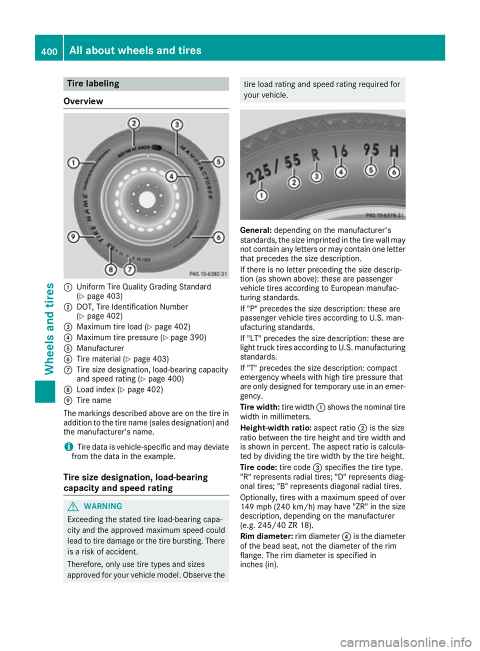 MERCEDES-BENZ S CLASS 2016  Owners Manual Tire labeling
Overview
�C
Uniform Tire Quality Grading Standard
( Y
page 403)�D
DOT, Tire Identification Number
( Y
page 402)�
