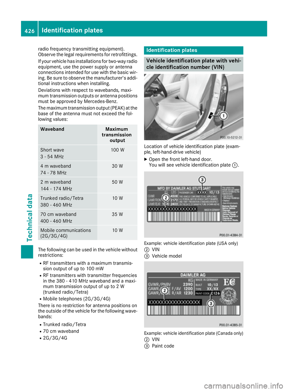 MERCEDES-BENZ S CLASS 2016  Owners Manual radio frequency transmitting equipment).
Observe the legal requirements for retrofittings.
If your vehicle has installations for two-way radio
equipment, use the power supply or antenna
connections in