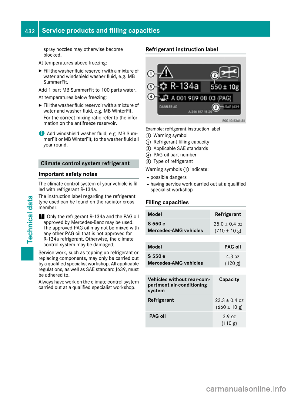 MERCEDES-BENZ S CLASS 2016 Owners Manual spray nozzles may otherwise become
blocked.
At temperatures above freezing: X
Fill the washer fluid reservoir with a mixture of
water and windshield washer fluid, e.g. MB
SummerFit.
Add 1 part MB Summ MERCEDES-BENZ S CLASS 2016 Owners Manual spray nozzles may otherwise become
blocked.
At temperatures above freezing: X
Fill the washer fluid reservoir with a mixture of
water and windshield washer fluid, e.g. MB
SummerFit.
Add 1 part MB Summ