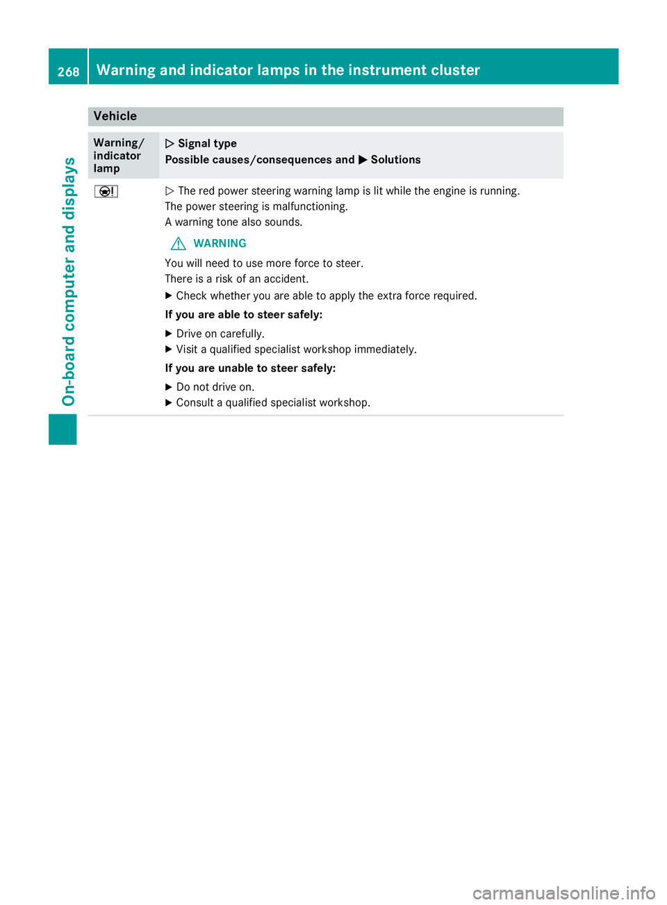 MERCEDES-BENZ S CLASS 2017  Owners Manual Vehicle Warning/
indicator
lamp �Q Signal type
Possible causes/consequences and �P Solutions
�