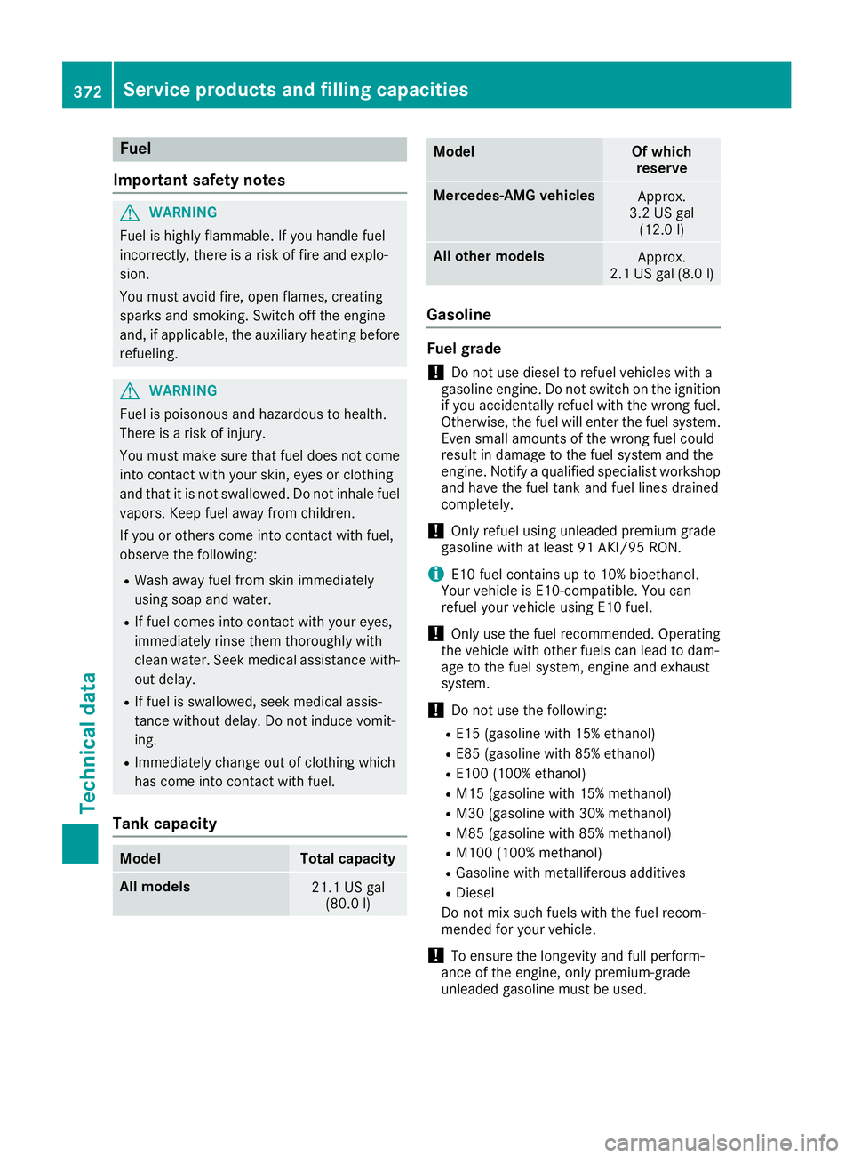 MERCEDES-BENZ S CLASS 2017  Owners Manual Fuel
Important safety notes
G WARNIN G
Fuel is highly flammable. If you handle fuel
incorrectly, there is a ris k of fir e and explo-
sion .
You must avoi d fire, open flames, creating
sparks and smok